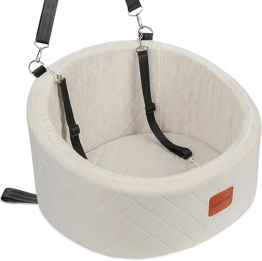 Dog Car Seat for Small Dogs Up to 30 Lbs,Ultra Soft Fabric Fill in Comfy Memory Foam,Happy Pet Ride,2 Safety Dog Leashes,Fully Detachable and Washable,Anti Slip Base(Beige)