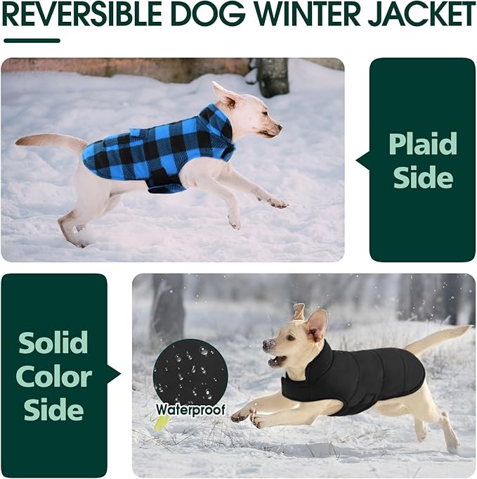 Kuoser Dog Winter Coat, Windproof Dog Fleece Jacket British Style Plaid Cold Weather Doggie Vest Coats, Reversible Cozy Warm Pet Clothes Apparel for Large Size Dogs XL