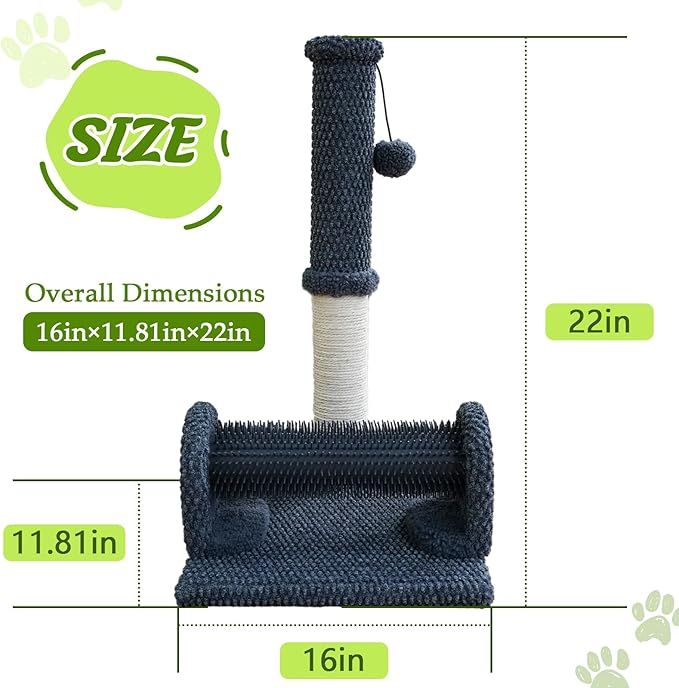 Cat Scratching Post with Cat Hair Brush & Interactive Ball, 22 Inch Sisal Cat Scratch Tower, Durable Thick Fabric Cat Scratcher for Indoor Cats, Kitten Exercise Play Furniture, Dark Grey
