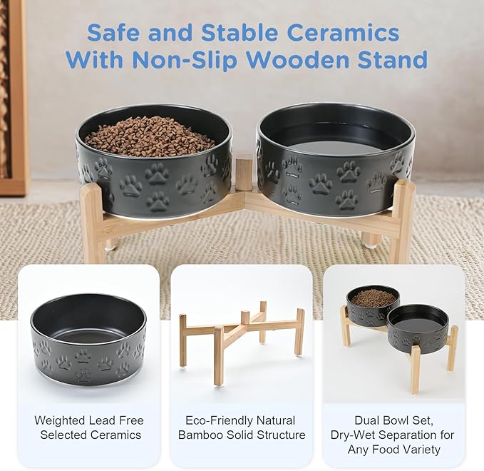 SPUNKYJUNKY Elevated Dog Bowls Ceramic, 7.3'' Dogs Food Water Bowls Raised with Non-Slip Bamboo Stand for Medium to Large Sized Breed Microwave Dishwasher Safe - 42 OZ,Paw Black
