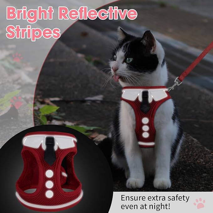 Cat Harness and Leash Set for Walking Escape Proof, Soft Adjustable Kitten Harness Breathable Mesh with Reflective Strips Harness for Kitty Puppy Bunny(Red,S)