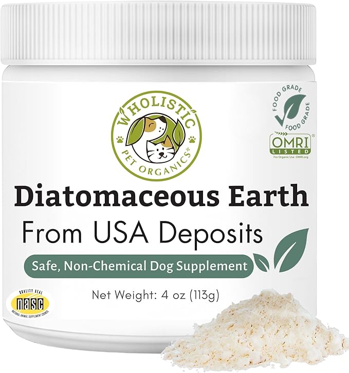 Wholistic Pet Organics Diatomaceous Earth - Food Grade for Dogs & Cats - 4 Oz - Multi Use Powder - Pet Safe Non-Chemical Freshwater Sourced Silica Supports Overall Health - Freshly Made in USA