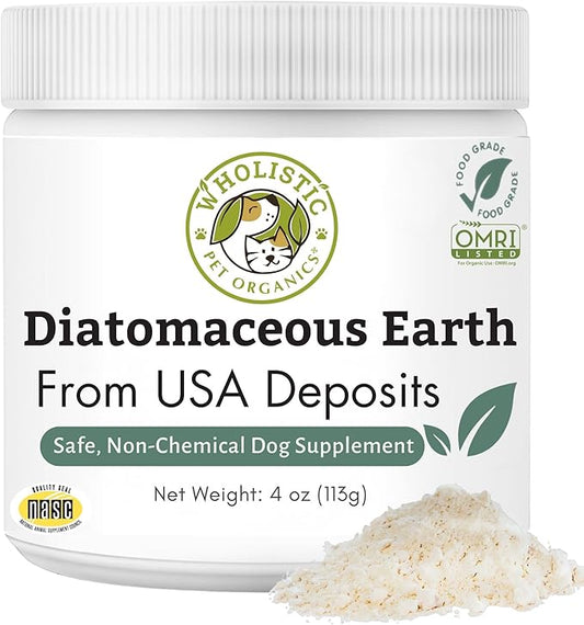 Wholistic Pet Organics Diatomaceous Earth - Food Grade for Dogs & Cats - 4 Oz - Multi Use Powder - Pet Safe Non-Chemical Freshwater Sourced Silica Supports Overall Health - Freshly Made in USA