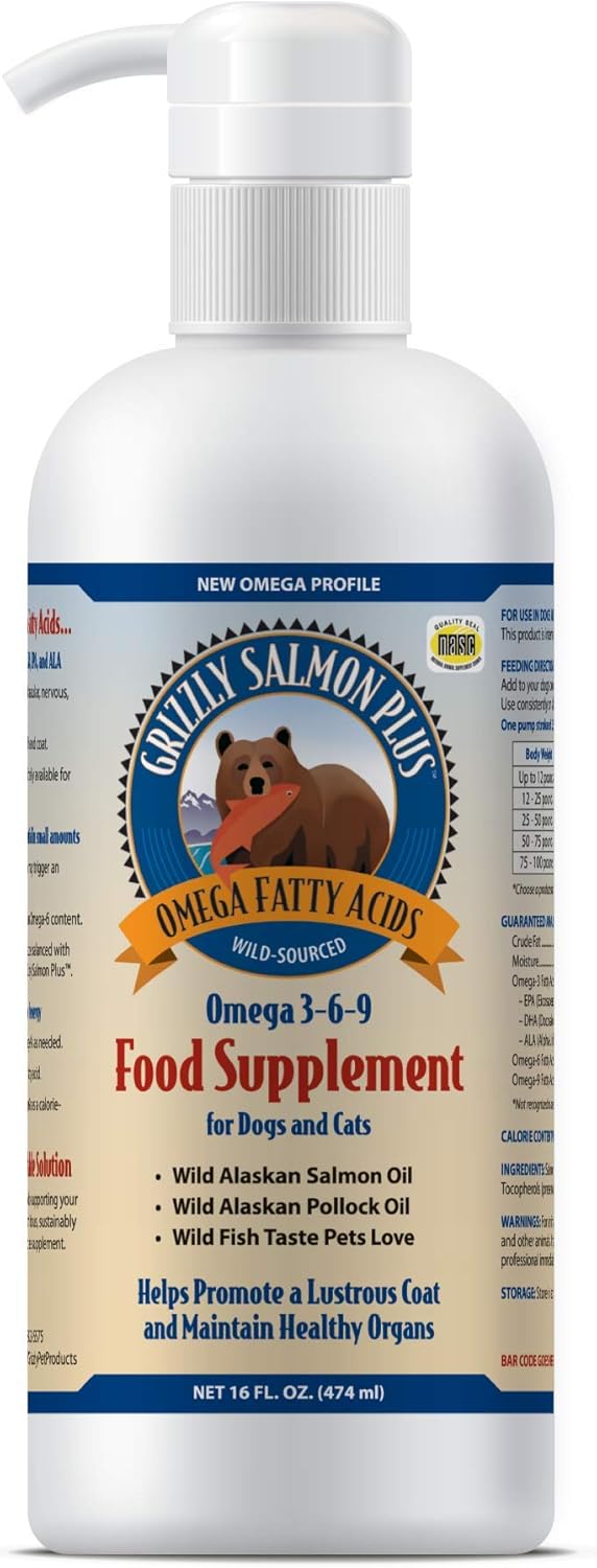 Grizzly Pet Products Salmon Plus Omega 3-6-9 Food Supplement for Dogs and Cats, 16 Ounce