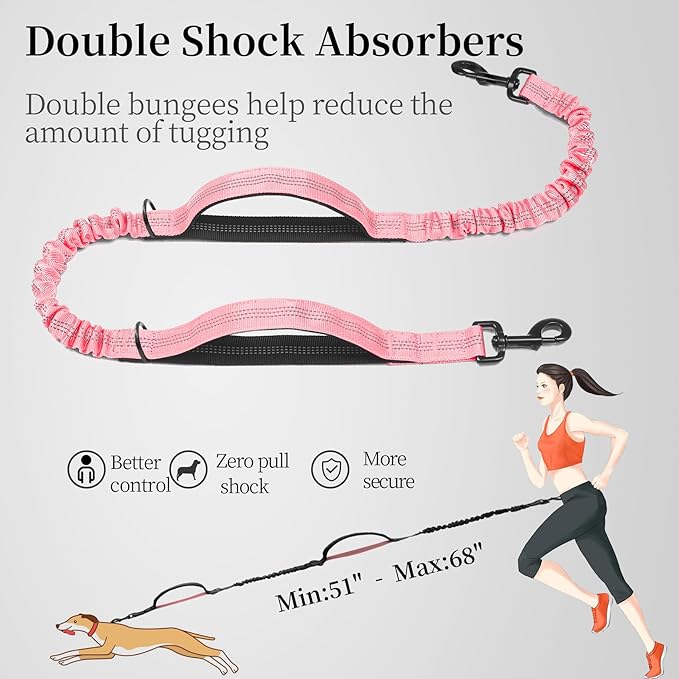 iYoShop Hands Free Dog Leash with Zipper Pouch, Dual Padded Handles and Durable Bungee for Walking, Jogging and Running Your Dog (Large, 25-120 lbs, Baby Pink)