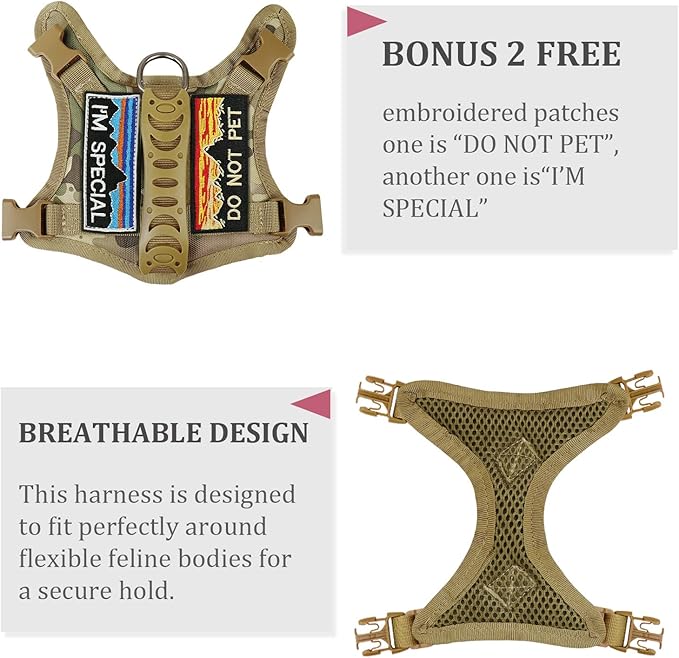 Tactical Cat Harness and Leash for Walking Esacpe Proof,Adjustable Soft Mesh Large Cat Vest with Rubber Handle Easy to Control,Molle Patches