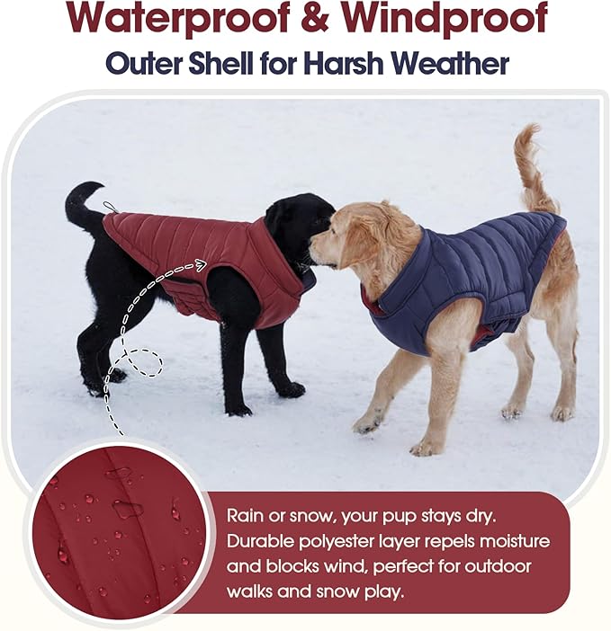 QBLEEV Reversible Dog Coat, Warm Snowproof Dog Puffer Jacket for Large Dogs, Waterproof Cold Weather Coats with Hook & Loop, 2-in-1 Lightweight Windproof Padded Vest for Big Pitbull, Wine Red, XL