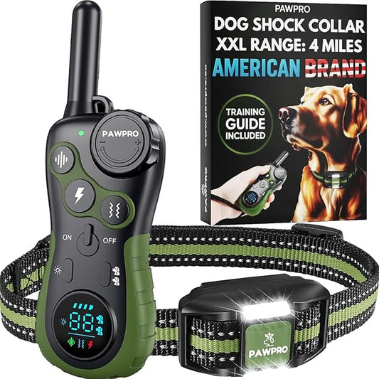 Dog Shock Collar with Remote, Unmatched 4-Mile Range, Night-Light Mode, Training Guide Included, 124 Training Levels & 4 Modes, Beep Vibration Shock, Waterproof Rechargeable, Fits All Dogs (Green)