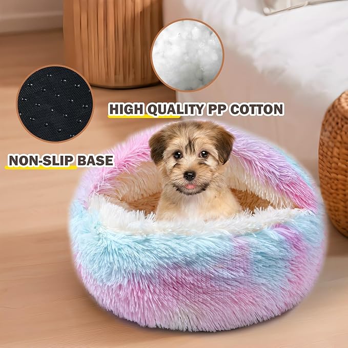 Cat Bed for Indoor Cats, Calming Cozy Cave with Self-Warming Plush, Entire Bed Machine Washable & Anti-Slip Base, Breathable Pet Bed for Small Cats&Dogs All Seasons (Dazzling Colors, 20 * 20inch)