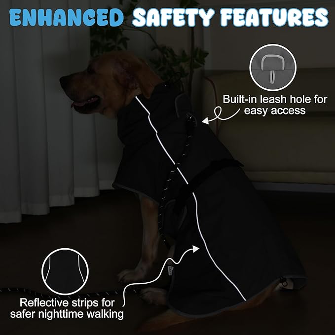 Dog Raincoat, Waterproof Dog Coat with Reflective Straps, Leash Hole & Polar Fleece Lining, Winter Snow Rain Coat for Small, Medium & Large Dogs, Warm, Windproof Vest Jackets