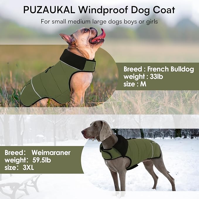 Dog Coat, Large Dog Jacket, Windproof Dogs Puffer Jacket, Fleece Lined Warm Dogs Winter Coat with Harness Hole (Army Green XL)