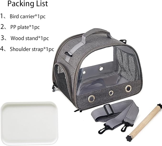 Small Bird Carrier Cage with Standing Perch & Tray Portable & Breathable Pet Travle Transport Carry Bag with Shoulder Strap for Vet Visit & Outdoor Walking (Grey)