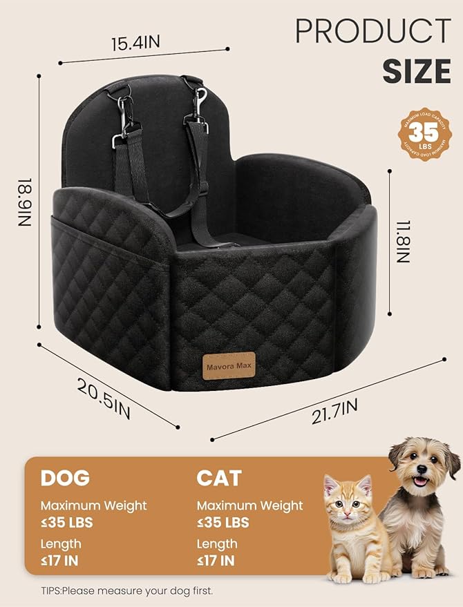 (Up to 35lbs Small/Medium Dog Car Seat Booster Dog Seat for Car Portable with Adjustable Seatbelts Pet Travel Car Bed Seat for SUV, Truck, with Memory Foam Cushion (Black)