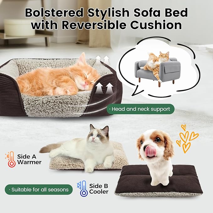 Miguel Washable Dog Bed with Removable Cushion for Medium Small Dogs, Easy to Wash Pet Sofa Bed with Side, Rectangle Bolster Cat Bed Calming Cuddle Puppy Bed with Anti-Slip Bottom, Brown 25 Inch
