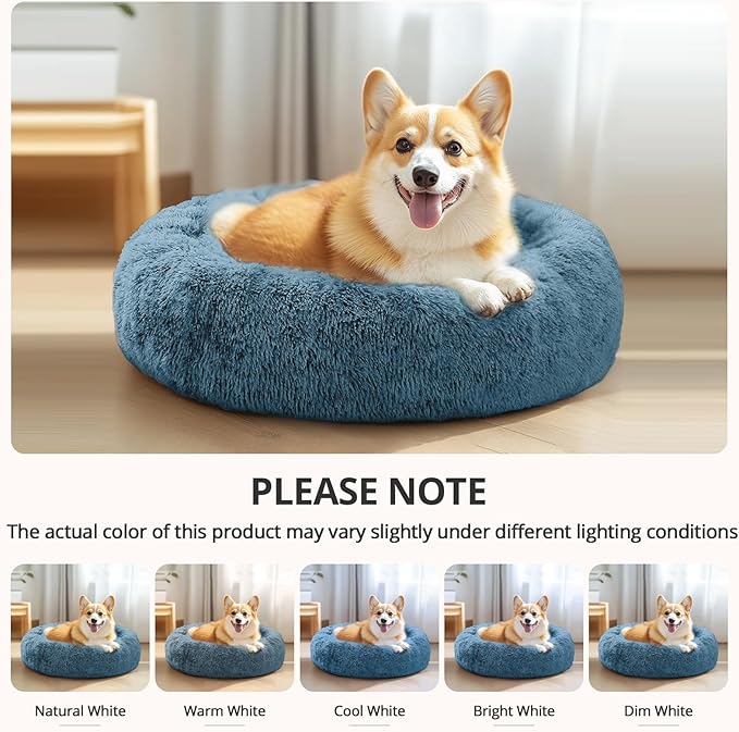 JOLLYVOGUE Medium Calming Dog Bed, Anti-Anxiety Donut Cuddler Cat Bed with Anti-Slip Bottom, Fluffy Faux Fur Machine Washable Pet Cushion for Medium Large Dog & Cat (31")