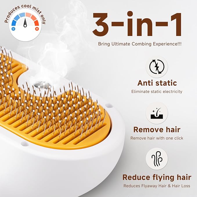 Pet Steam Brush for Dog & Cat - 3-in-1 Steam Grooming Brush for Shedding & Hair Removal - Self Cleaning Spray Comb with Mist for Long Haired Pets - Includes 1*Waterless Shampoo, Yellow