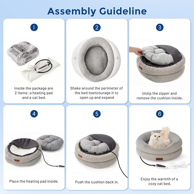 Heated Cat Bed Indoor - Adiustable Temperature Pet Heating Bed with Timer and Chew Resistant Cord, Washable Puppy Bed with Non-Slip Bottom, 21" x 21" x 8", Grey