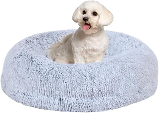 Calming Donut Pet Bed for Cats and Small Dogs, Washable Anti-Anxiety Round Bed with Non-Slip Bottom, [23.62 x 23.62 x 5.9 Inch] Plush Dog Cat Bed for Small Medium Pets (Gray)