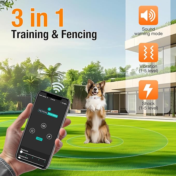 GPS + Wireless Dog Fence & Training Collar – No Subscription, App Geo-Fence 3280ft, 60-164ft Bluetooth Training, 3 Correction Modes, Auto Sleep/Wake, 7-Day Battery, 3-Dog Support (White(3 Pack))