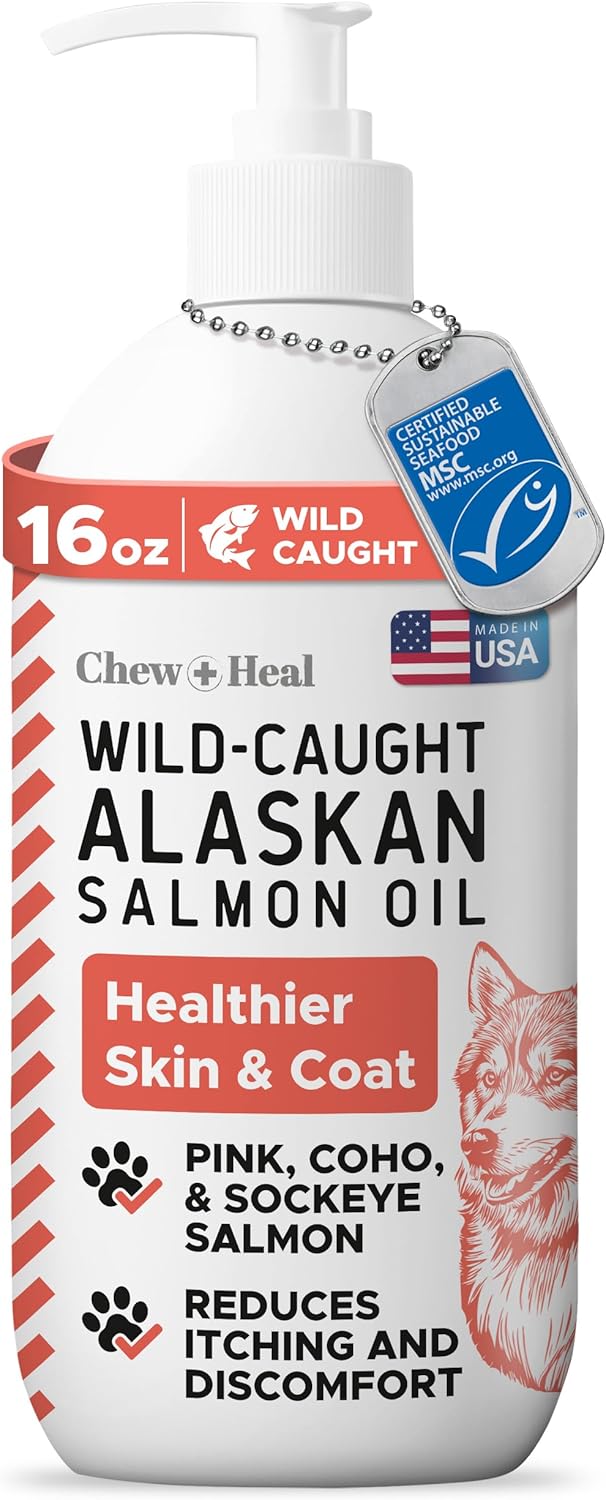 Pure Wild Alaskan Salmon Oil for Dogs - 16 oz. Pump Cap - Toxin Free Dog Fish Oil Rich in Omega-3 and 6, Vitamin D, EPA, and DHA for Healthy Skin and Coat - Pink, COHO, and Sockeye Salmon