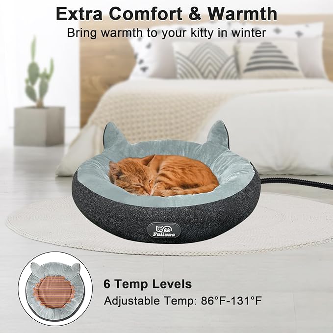 Heated Cat Bed for Small Size Cats, Soft & Cozy Donut Heated Pet Bed with Timer & Temp Adjustable Pet Heating Pad for Indoor Cat, Round Electric Cat Bed Heater Warmer., gray
