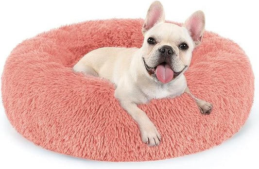 rabbitgoo Calming Dog Bed for Small Medium, 27 inches Pet Bed Machine Washable, Non-Slip Round Fluffy Plush Faux Fur, Soft Donut Cuddler Cushion for Small Dogs, Pink