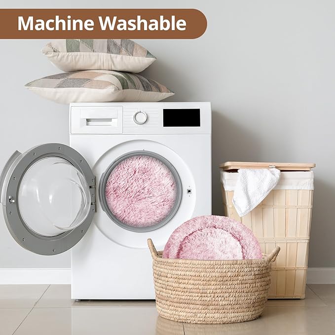 JOLLYVOGUE Large Calming Dog Bed, Anti-Anxiety Donut Cuddler Cat Bed with Anti-Slip Bottom, Fluffy Faux Fur Machine Washable Pet Cushion for Medium Large Dog & Cat, 36"/Smoke Pink