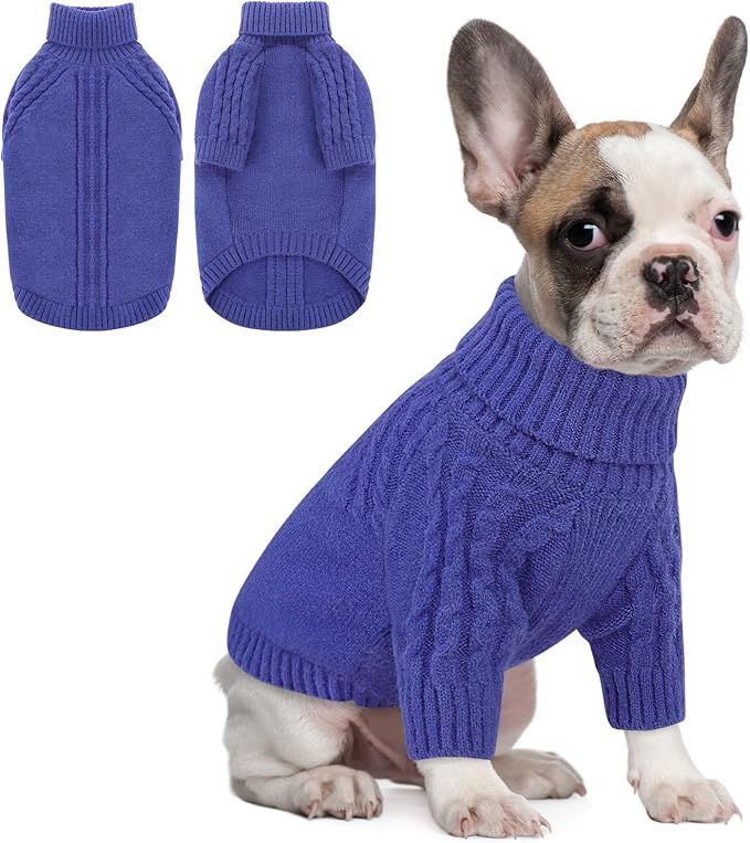 Queenmore Dog Sweater, Knit Turtleneck Long Sleeve Pet Sweater for Winter, Soft Warm Pullover with Stylish Patterns, Comfortable Cozy Dog Clothes for Small Dogs Puppy Chihuahua Yorkie (Blue,XS)