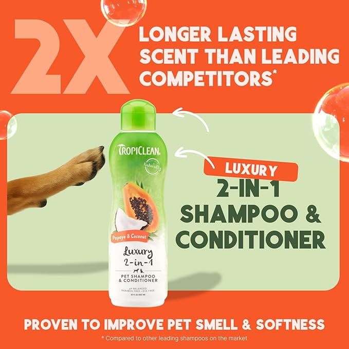 TropiClean 2-in-1 Dog Shampoo and Conditioner, Moisturizing Dog Detangler, Puppy Safe, Made in the USA, Papaya Scent, Cat & Kitten Safe, 20oz.