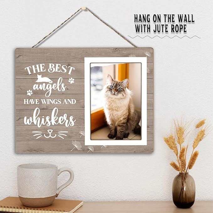 Cats Memorial Picture Frame,The Best Angels Have Wings and Whiskers,Wooden Pet Remembrance Gift for Cat Owners, Sympathy Gift for Loss of a Cat(4 x 6 Photo)