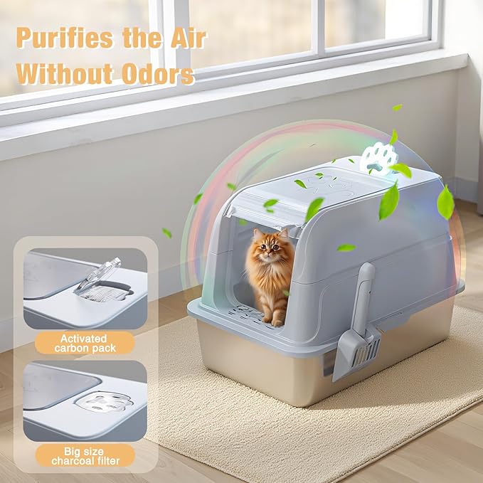 Stainless Steel Cat Litter Box Fully Enclosed, Extra Large Metal High Sided Cat Box with 120° Fully Transparent See-Through Flip Lid, Scoop & Mat - Grey - XL