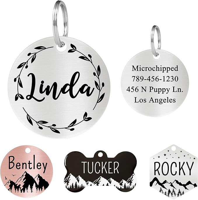 Ultra Joys Stainless Steel Pet ID Tags - Personalized Front and Back Engraving, Round Tag Vine Design, Silver Small