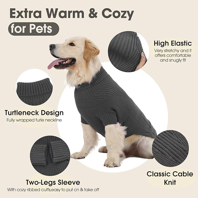 Small Dog Sweater, Turtleneck Sweaters for Small Dogs Female, Cable Knit Clothes for Cold Weather, Comfy Dog Cold Sweater, Warm Sweatshirts Outdoor Grey Christmas