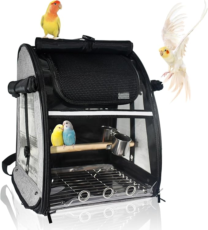 Bird Carrier Bag, Bird Travel Cage with Standing Perch and Indestructible Stainless Steel Mesh, Protable Transparent Breathable Carrier with Feeder Cups for Small Birds Parrot Parakeet, Grey
