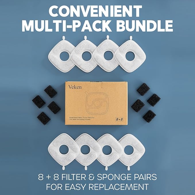 Veken Cat Water Fountain Filters, 8 Pack Replacement Filters & 8 Pack Replacement Pre-Filter Sponges Set for 50oz, 84oz, 95oz Automatic Pet Fountain Dog Water Dispenser