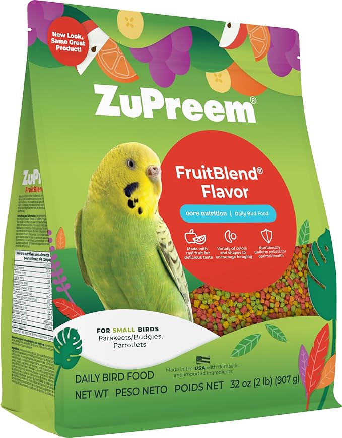 ZuPreem FruitBlend Bird Pellets, Daily Bird Food for Parakeet, Budgie, Parrotlet, Dove, Core Nutrition for Small Birds, Made in USA, Parakeet & Budgie Food (S, 2 lbs)