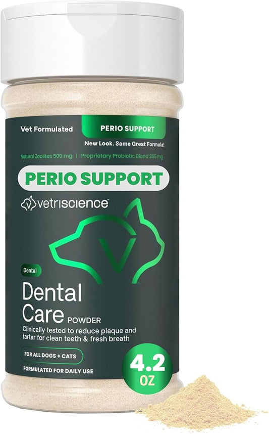 VetriScience Dental Care Powder, Perio Support Clinically Tested Dental Supplement for Small, Medium and Large Breed Dogs, Freshen Breath, Control Plaque and Tartar, Oral Health, 4.2 oz