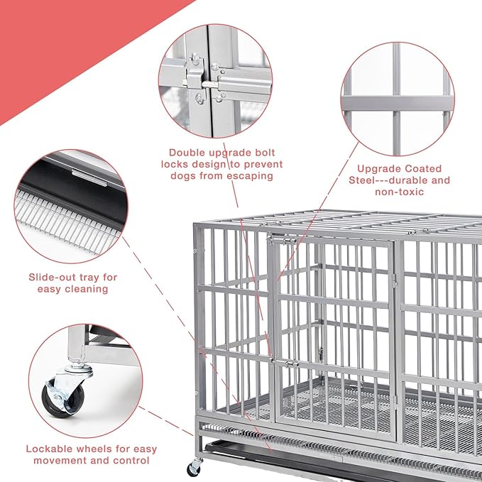 Heavy Duty Indestructible XL Dog Crate Steel Escape Proof, Indoor Double Door High Anxiety Cage (48-Inch-Silver)