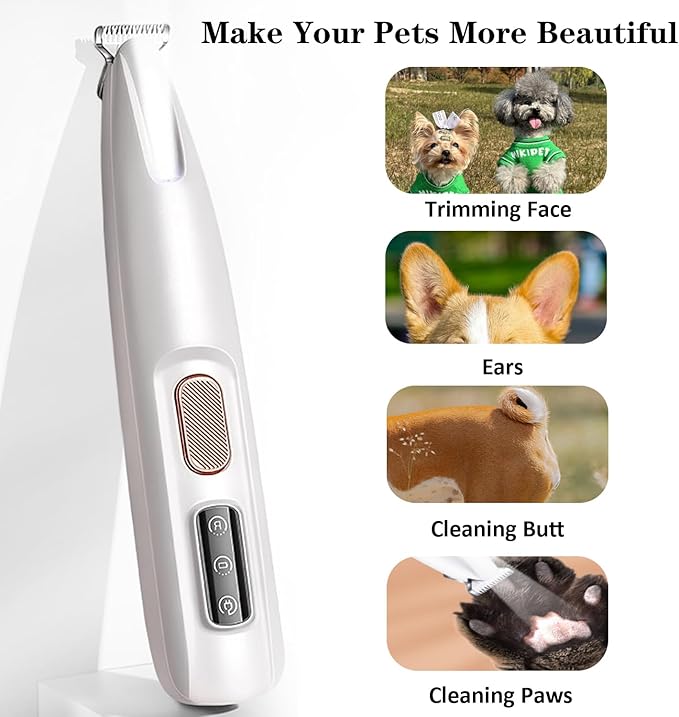 Electric Paw Trimmer for Dogs & Cats - Quiet Rechargeable Clipper with LED Light, 2 Wide Blades, Waterproof for Paws, Ears, Face, Rump - Multifunctional Pet Grooming Tool