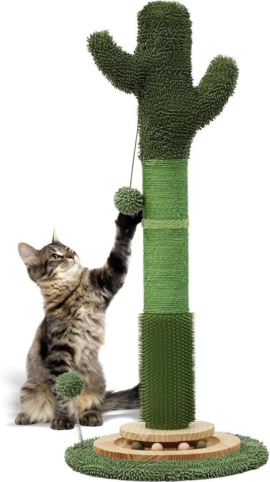 OTOB 36" Tall Cat Scratching Post, Natural Sisal Rope Cactus Cat Scratch Post, Vertical 6-in-1 Interactive Turntable Cat Scratcher Post with Soft Ball Toys, Protect Your Furniture for All Indoor Cats