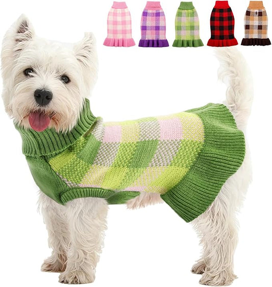 Dog Sweater Dress Plaid Knitwear for Small Medium Dogs Warm Puppy Pet Turtleneck Stretch Pullover Cute Fall Winter Vest Clothes with Leash Hole for Christmas (Green, XS)