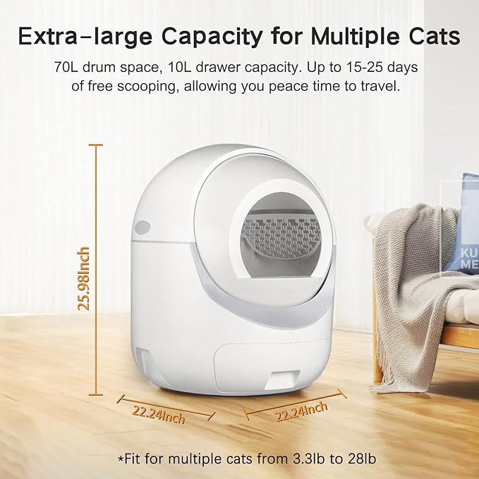 Self Cleaning Cat Litter Box, Automatic Cat Litter Box with APP Control Odor Removal Safety Protection for Multiple Cats, with Garbage Bags
