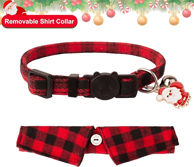 ADOGGYGO Christmas Cat Collars Breakaway with Bow Tie Bell, 2 Pack Red Green Plaid Xmas Kitten Collar with Removable Shirt Collar, Plaid Christmas Collars for Cats Kittens