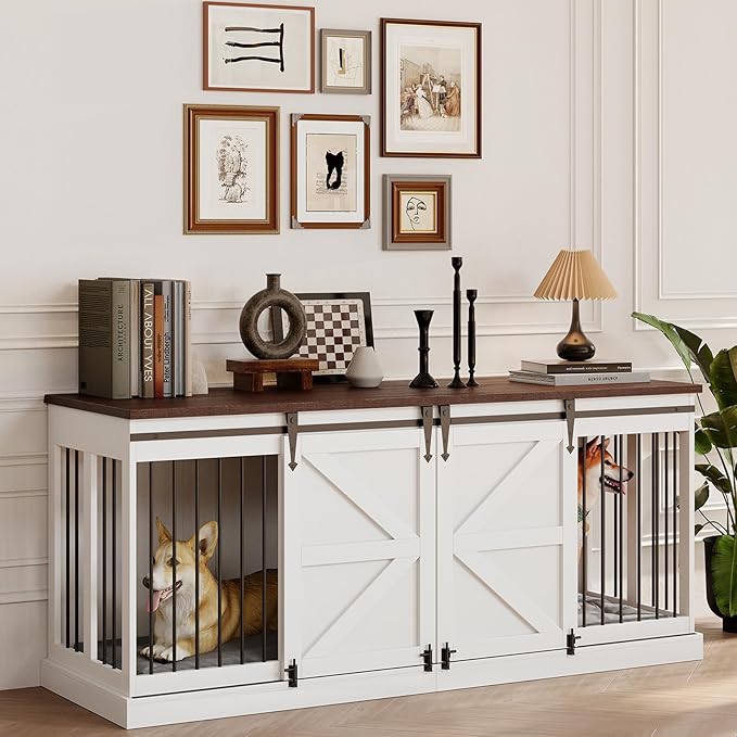 Dog Crate Furniture - Indoor Wooden Dog Kennel with Room Divider and Double Sliding Barn Doors - 71”x23.6”x31.5”H, White