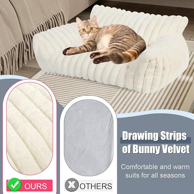Cute Cat Couch Bed for Indoor Cats, Fluffy Pet Cat Sofa with Premium Soft Corduroy Fleece, Cute Small Dog Beds for Small Dogs, Fuzzy Puppy Chair with Removable Washable Cover (24x18x10,Cream)