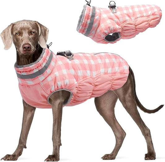 FUAMEY Dog Coat for Large Dogs,Waterproof Dog Winter Jacket with Harness Built in Puppy Cold Weather Coats Reflective Pet Vest with Zipper Warm Fleece Dogs Snowsuit Windproof Pink Plaid 3XL