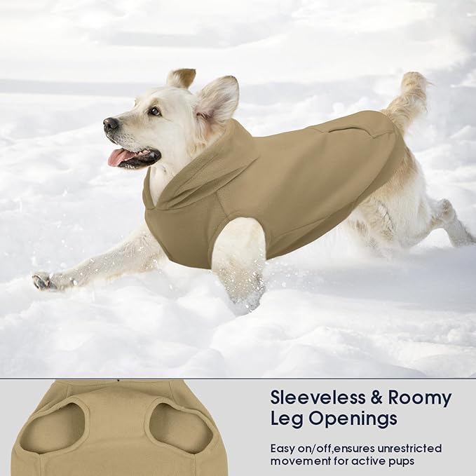 IECOii XXL Dog Hoodie for Large Dogs, Fleece Dog Sweatshirt for Large Breed Male Female Dogs,Pet Pouch Hoodie Winter Sweater Coat with Leash Hole, Warm & Lightweight Outfit for Pitbull, Khaki, 2XL