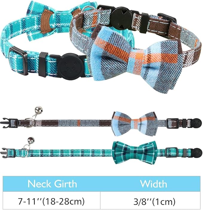 Joytale Upgraded Cat Collar with Bells, Breakaway Cat Collars with Bow Tie, 2 Pack Girl Boy Safety Plaid Kitten Collars, Haze Blue+Teal