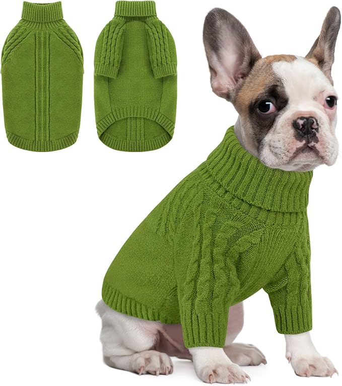 Queenmore Dog Sweater, Knit Turtleneck Long Sleeve Pet Sweater for Winter, Soft Warm Pullover with Stylish Patterns, Comfortable Cozy Dog Clothes for Small Dogs Puppy Chihuahua Yorkie (Green,XS)