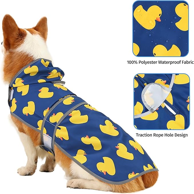 Dog Raincoat for Medium Dogs Waterproof Hooded Rain Jacket with Reflective Strips Leash Hole & Poncho Adjustable Fit (Duck,M)